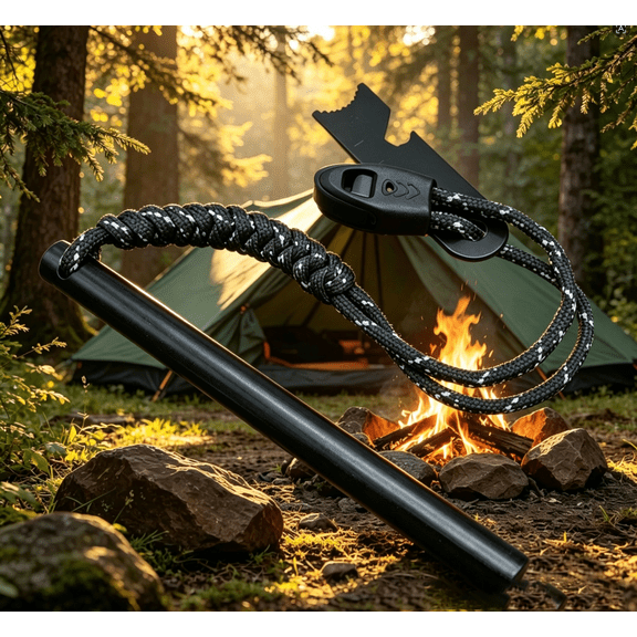 A Magnesium-iron Fire Starter with a Hole, Featuring a Paracord Handle, A Friction Surface, and a Whistle—perfect for Emergency Survival Kits, Hiking, and Camping. (Red)