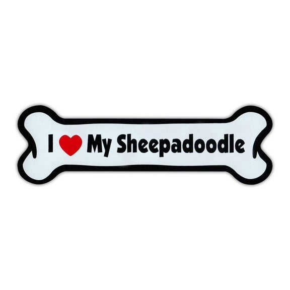 Magnet, Dog Bone, I Love My Sheepadoodle (Old English Sheepdog, Poodle Mix), 7" x 2" Magnetic Bumper Sticker