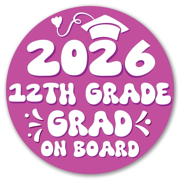 Magnet Me Up 12th Grade Grad Magnet - 5" Round Grad On Board Car Magnet- Pnk/Wht