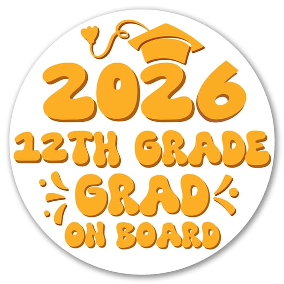 Magnet Me Up 12th Grade Grad Magnet - 5" Round Grad On Board Car Magnet, Wht/Ylw