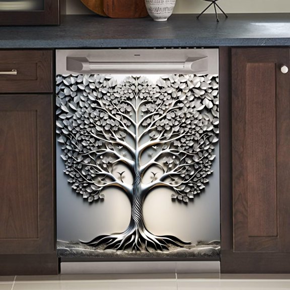 Magnet Metal Silver Tree of Life Dishwasher Cover Sheet Door Decal 23x26 inch Vintage Steel Tree Decor Refrigerator Magnetic Sticker Vitality Trees Kitchen Appliance Vinyl Decoration Panel Y101