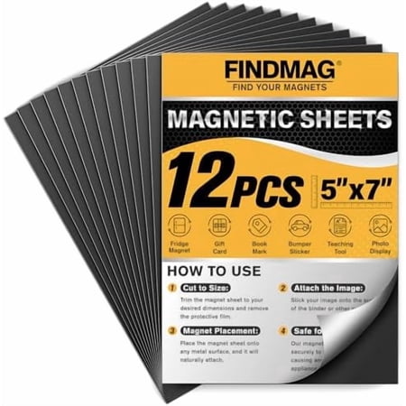 Magnet Sheets Adhesive, 5" x 7" 12 Pack Magnetic Stickers with Self Adhesive Backing, Cuttable and Flexible Magnetic Sheets for Refrigerator, Magnet Strips with Stickers for Craft and DIY