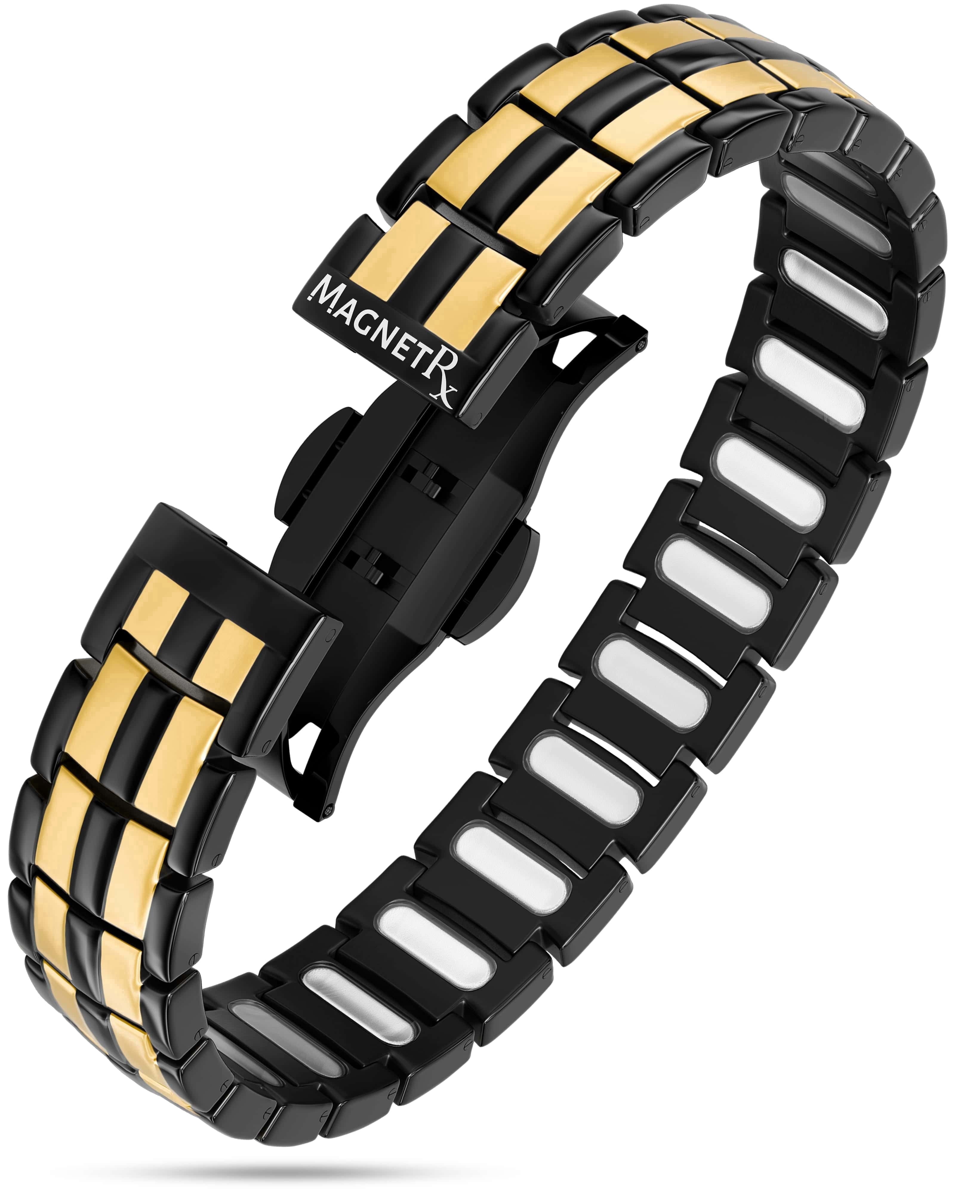 MagnetRX® Magnetic Bracelets for Men - EllipseMAX 5X Strength 5,000 Gauss Magnets - Premium Titanium Mens Magnetic Bracelet & Adjustable Length (Black/Gold)