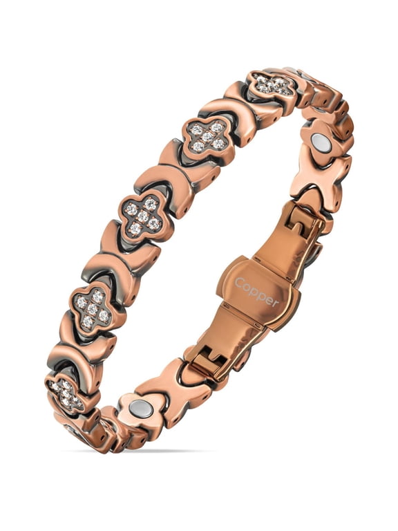 Women's 99.9% Pure Copper Magnetic Link Bracelet, Adjustable 8-Inch Clover Design