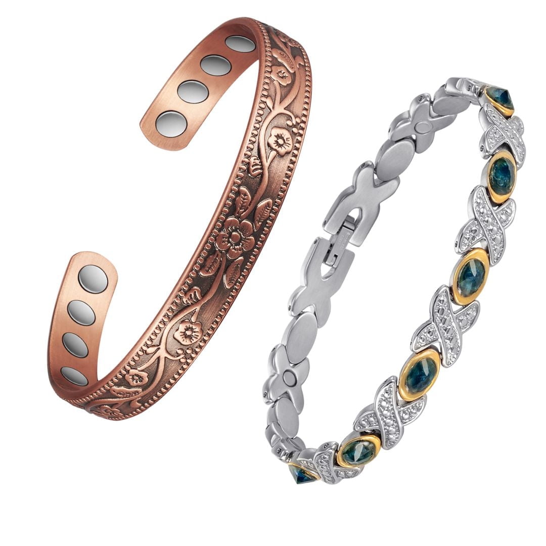 Magnetia 6.5'' Magnetic Copper Bracelets+Stainless Steel Magnetic Bracelet 8.0'', Set of 2, Pure Copper Jewelry Gift for Women