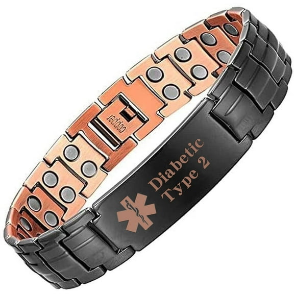 Magnetia 8.66'' Pure Copper Medical Alert Bracelets for Men, Health Magnetic ID Bracelets, Gift for Dad, Husband , Pre-Engraved Diabetic Type 2