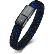 Magnetia Blue Braided Leather Medical Alert Bracelet, Cuff Wristband Bracelet,8.66 Inches(22cm)