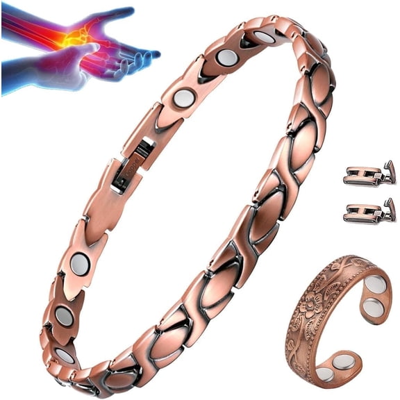 Wollet Copper Magnetic Bracelets Rings for Women, 99.9% Pure Copper Jewelry Set Adjustable