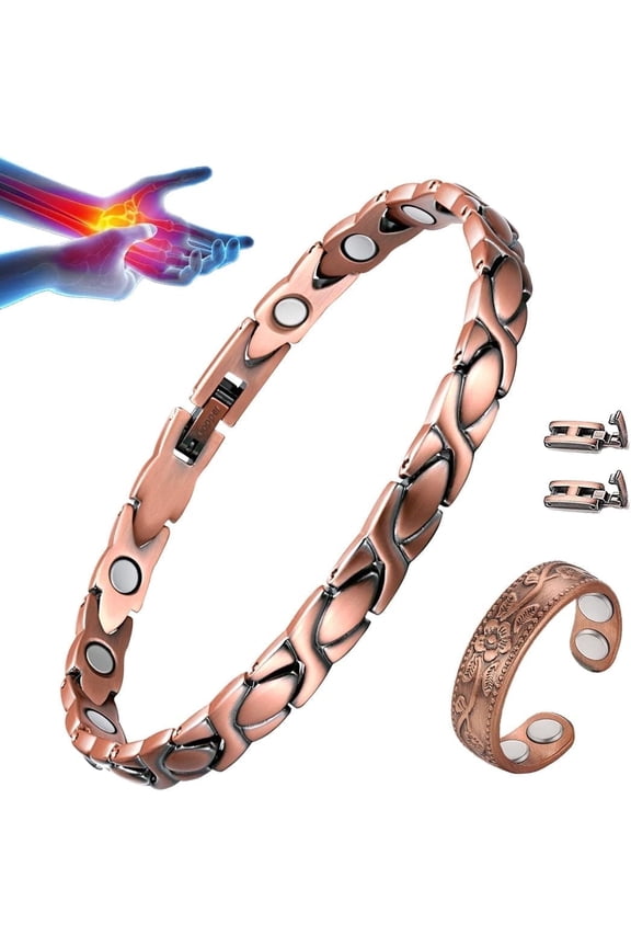 Copper Magnetic Bracelets Rings for Women, 99.9% Pure Copper Jewelry Set Adjustable