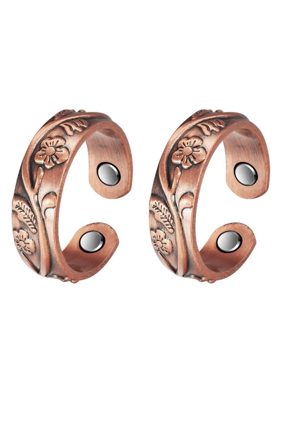 Magnetia Floral Magnetic Copper Rings fo Men, Set of 2, Pure Copper Jewelry Gift for Husband Huaband, Length:2.3''