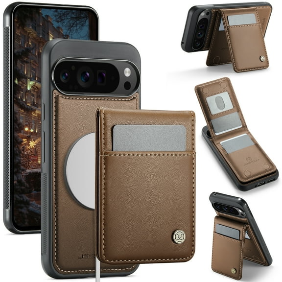 Magnetic 2 in 1 Detachable for Google Pixel 9 Pro XL, Case with Card Holder, for Women Men PU Leather RFID Blocking Flip Kickstand Credit Slots Slim Phone Cover for Google Pixel 9 Pro XL, Brown