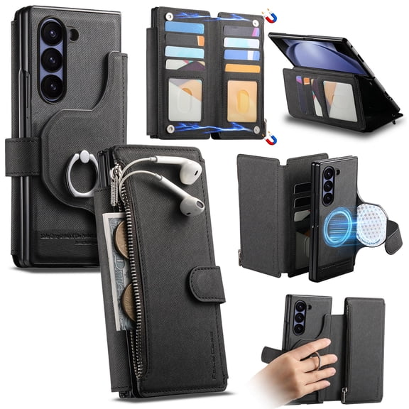 Magnetic 2 in 1 Detachable Wallet Case for Samsung Galaxy Z Fold 5 with Card Slots Holder, PU Leather Zipper Purse with Kickstand Full Body Protection Flip Folio Cover for Galaxy Z Fold 5, Black