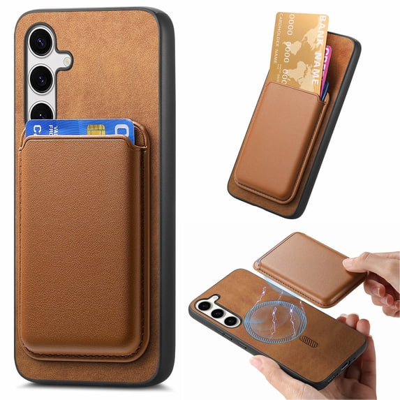 Magnetic 2 in 1 Detachable Wallet Compatible with Samsung Galaxy S25 Plus Case, with Card Holder Faux Leather Men Women Compatible with MagSafe Phone Cover for Samsung Galaxy S25 Plus, Brown