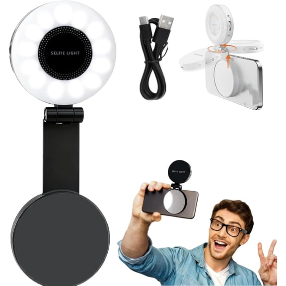 Magnetic 3-in-1 Selfie Light with Mirror, 2026 New 3-in-1 Magnetic Beauty Selfie Light for Phones, CRI 95+, 360 Foldable Design for Makeup/Video Calls/Photography (B)