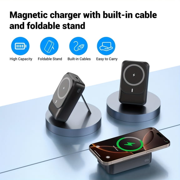 Magnetic 5-in-1 26800mAh Power Bank with Stand, 22.5W PD Fast Charging & Built-in USB-C Cable, Wireless Charger for iPhone 16-12, Galaxy S23-S20