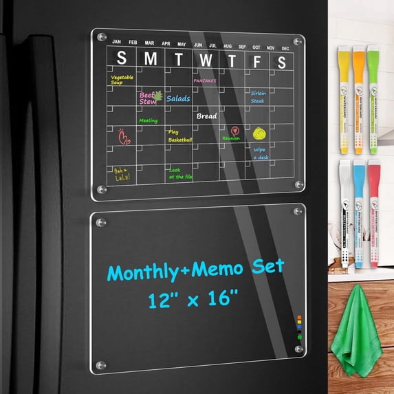 2 Pack 12"x16" Acrylic Magnetic Dry Erase Board Calendar for Fridge, Clear Monthly Planner Whiteboard for Refrigerator with 6 Color Markers, Planning Board for Events/Business Meetings/Shopping List