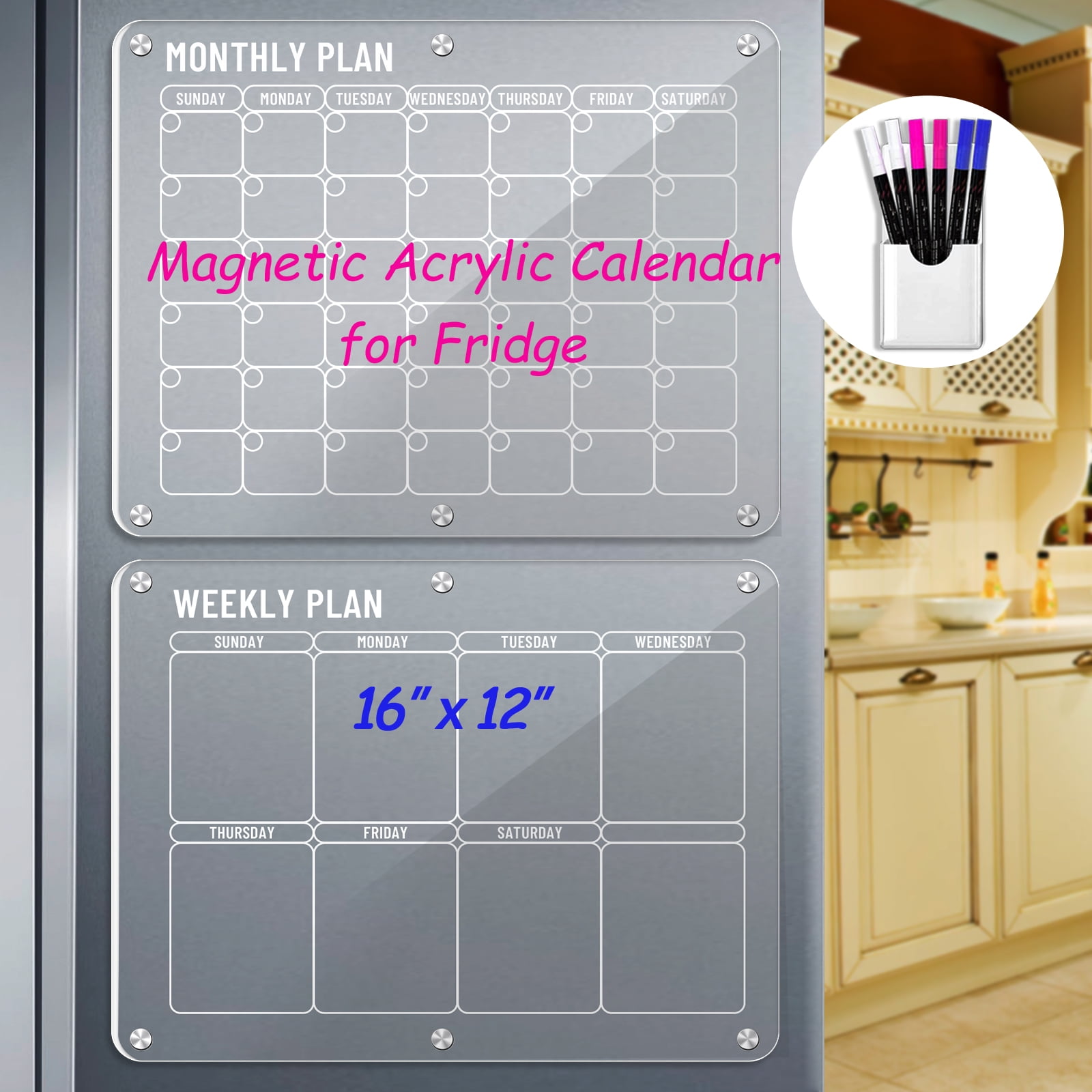 Acrylic Magnetic Dry Erase Board and Calendar for Fridge, 16”x12 Clear 2  Set Acrylic Calendar Planner Board for Refrigerator, Reusable Monthly