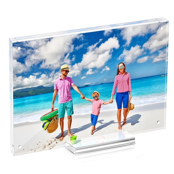 Magnetic Acrylic Photo Frame 5x7, Double Sided Floating Frame with Base, Frameless Tabletop Display for Desk Office Desk, Horizontally or Vertically for Pictures Memos, Clear