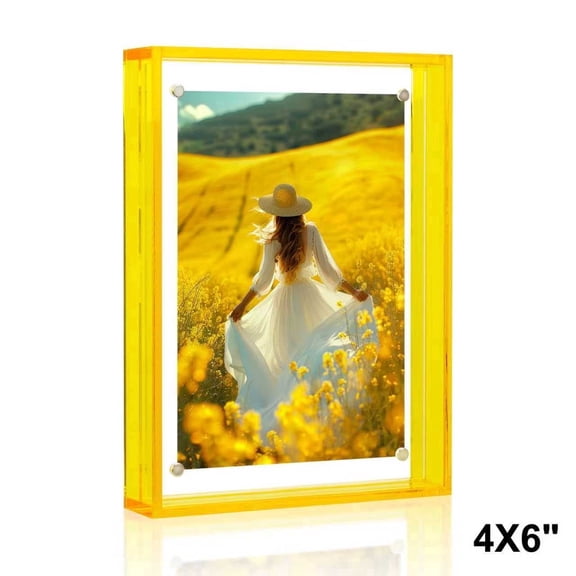 Magnetic Acrylic Picture Photo Frame 4x6 inches, Mat-free Floating Photo Frame for Wall and Tabletop, Free Standing, Easy to Change,Yellow