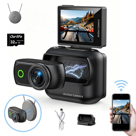 Magnetic Action Camera 1080P Compact Vlog Cam with 2"Flip Screen Hands-Free Wearable Sports Camera 153°Ultra Wide 5G Glass Lens for Pet Walking Cycling Hiking Travel Recording & Adventures Black