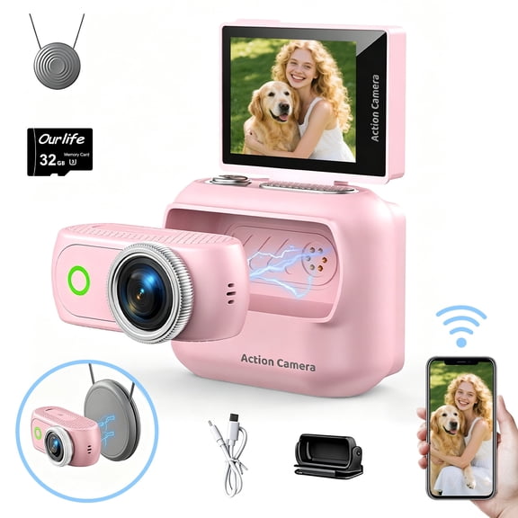 Magnetic Action Camera 1080P Compact Vlog Cam with 2"Flip Screen Hands-Free Wearable Sports Camera 153°Ultra Wide 5G Glass Lens for Pet Walking Cycling Hiking Travel Recording & Adventures Rose Pink