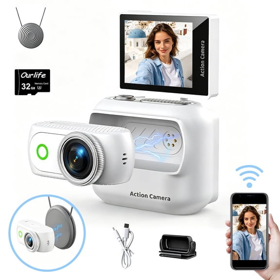 Magnetic Action Camera 1080P Compact Vlog Cam with 2"Flip Screen Hands-Free Wearable Sports Camera 153°Ultra Wide 5G Glass Lens for Pet Walking Cycling Hiking Travel Recording & Adventures White