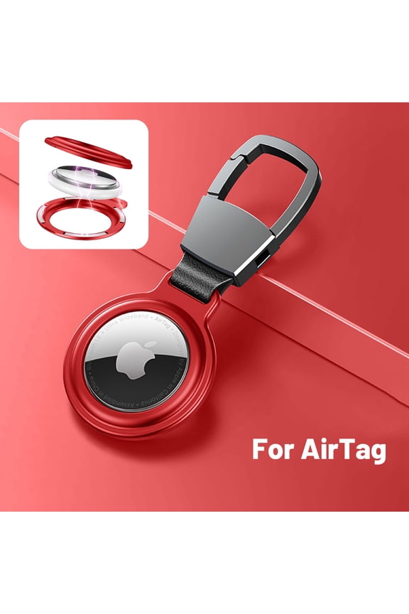 Magnetic Adsorption Case for Apple Airtag, Dteck Portable Metal Magnet Airtags Case with Keychain Holder, Red