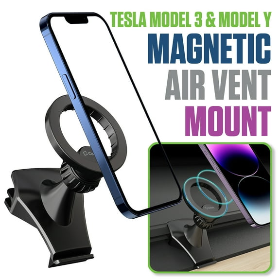 Cellet Tesla Model 3 & Y Magnetic Air Vent Mount, 360° Cradle-Less Phone Holder with Metal Rings, iPhone & Samsung Compatible