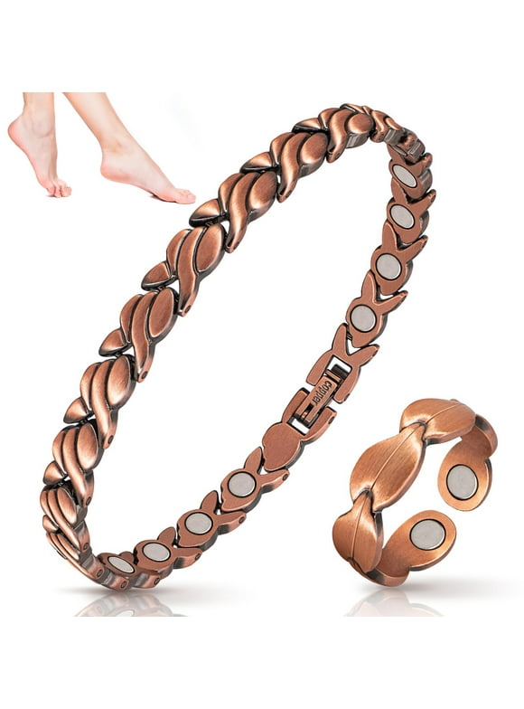 Copper Magnetic Ankle Bracelets for Women, Pure Copper Jewelry Set, 9.44''