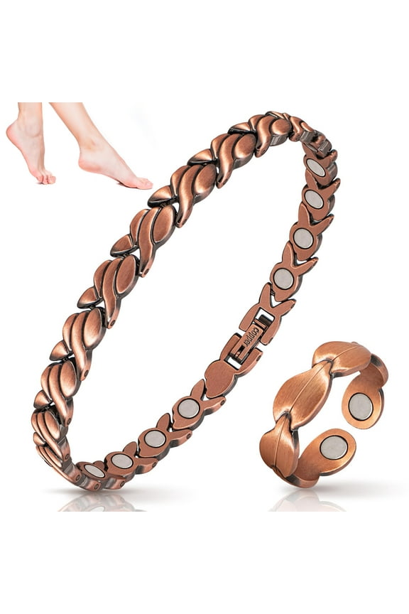 Copper Magnetic Ankle Bracelets for Women, Pure Copper Jewelry Set, 9.44''