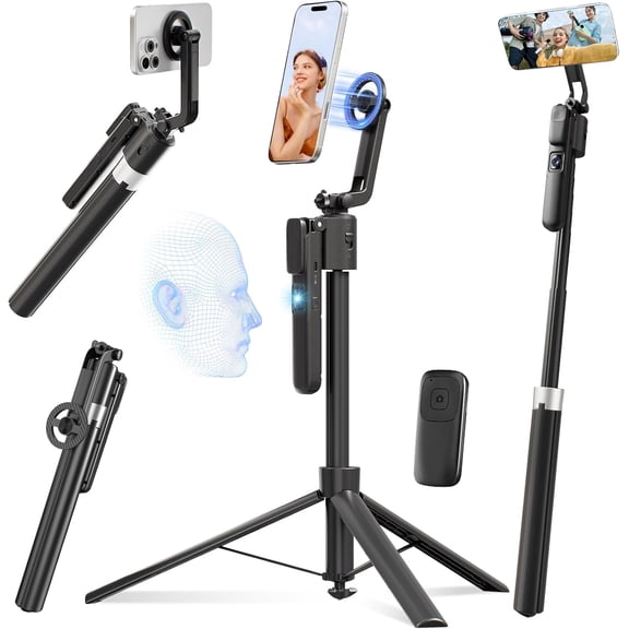 Magnetic Auto Face Tracking Tripod for iPhone that Follows Your Movement, 71" Portable Selfie Stick Tripod with Remote 360 Rotation, Magnetic Phone Tripod Stand for Vlogging, Travel, Video Recording
