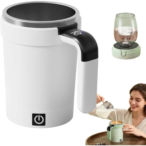 Magnetic Automatic Self-Stirring Coffee Mug, Stirring Mug with Temperature Display Rechargeable Coffee Cup for Milk and Other Beverages at Home, Office and Travel (White)
