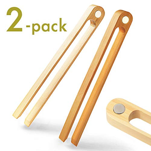 Magnetic Bamboo Toaster Tongs: 100% Natural 8.7" Wood Kitchen Toast Tongs| Eco-Friendly, Space Saving Modern Kitchen Accessory for Home Restaurant | Set of 2