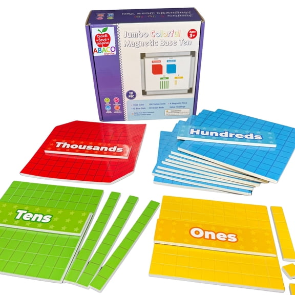 Magnetic Base Ten Blocks Set for Math Learning, Teachers, Classroom, Addition, Subtraction, Multiplication, Place Value, Educational Manipulatives, Abaco Brands