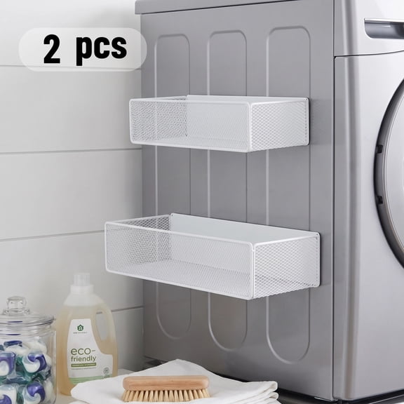 Magnetic Basket Organizer, 2 Pack Large Magnetic Storage Bin for Fridge, Washer Dryer, Whiteboard & Kitchen, Multi-use Magnetic Shelf Holder for Laundry Room, Classroom & Office, White