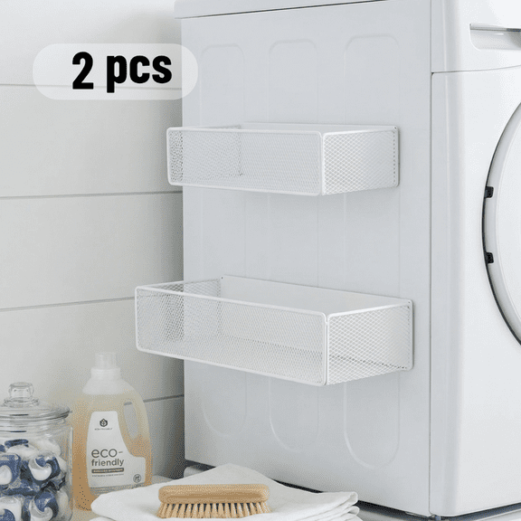 Magnetic Basket Organizer, 2 Pack Large Magnetic Storage Bin for Fridge, Washer Dryer, Whiteboard & Kitchen, Multi-use Magnetic Shelf Holder for Laundry Room, Classroom & Office, White
