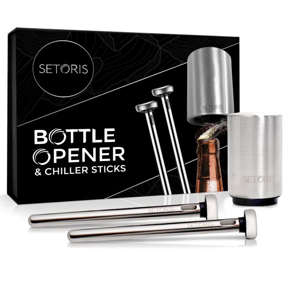 Magnetic Beer Opener & Beer Chiller Sticks For Bottles Set By Setoris- Stainless Steel Automatic Bottle Cap Opener And 2 Chilling Sticks For Cold Beer- Cool Beer Gadget & Accessory Gift Set Fo