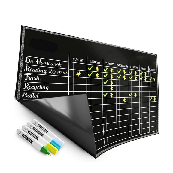 Magnetic Black Chore Chart for Kids Perfect Size Dry Erase Board for Refrigerator with 4 Chalk Markers Reward Good Behavior & Responsibility Chart - 17x12