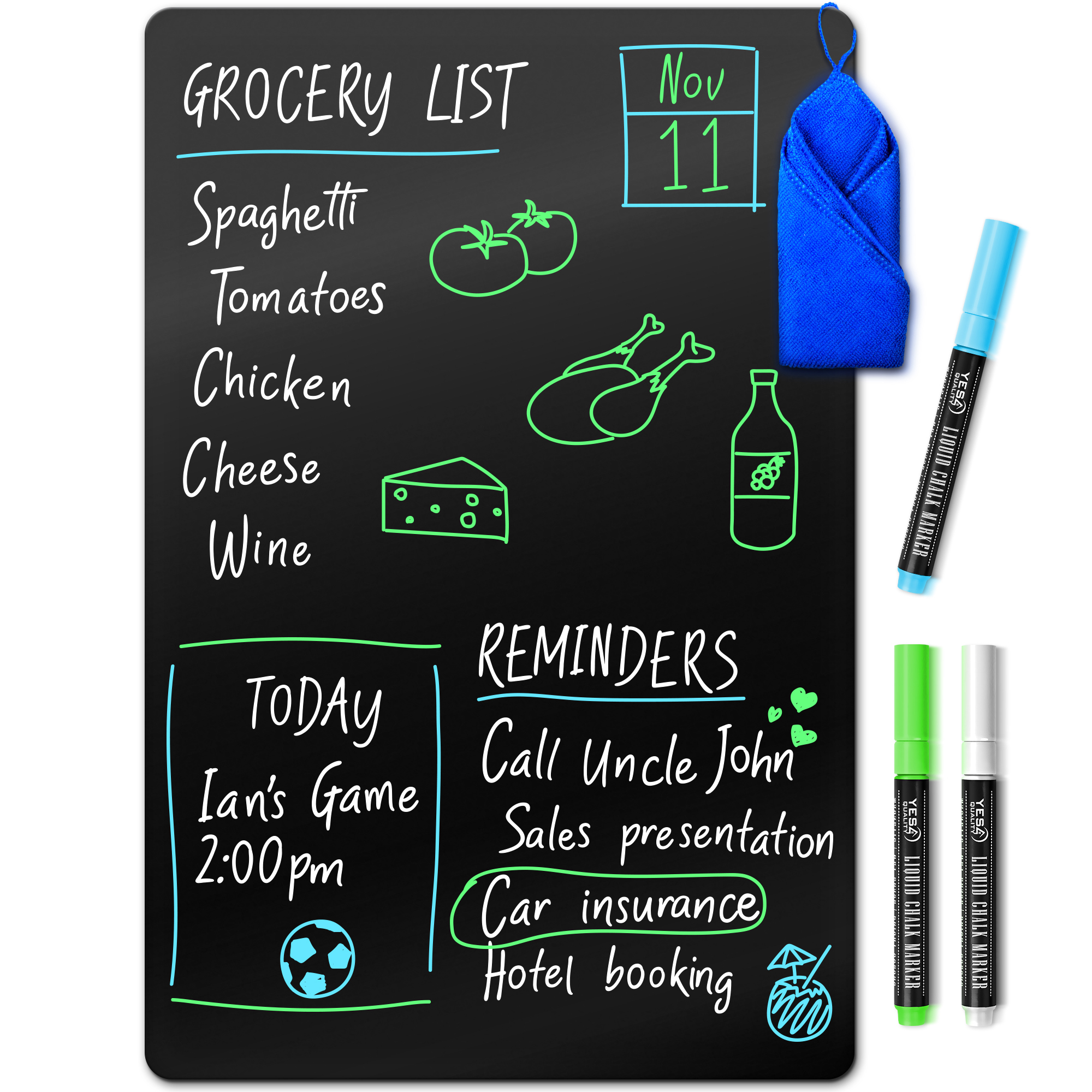 Black Dry Erase Board for Fridge W/ Neon Chalk Markers & Cloth