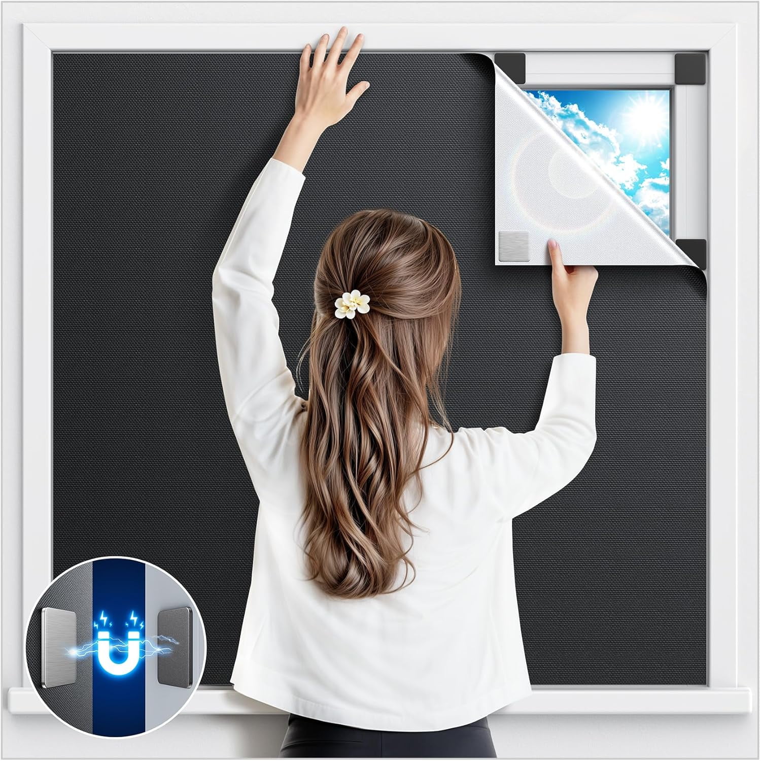 Magnetic Blackout Window Cover - 39" X 58", No Drill, Portable, 100% Light Blocking For Bedroom, Nursery, RV, Black 2 thumbnail image