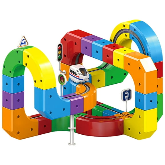 Electric Train Toys Set with 3D Magic Flexible Race Tracks, Snap-On Blocks Building Tracks Set for Boost Creativity and Skills (81 Pcs Random Color)