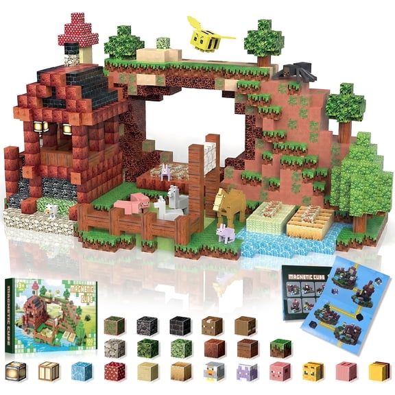 Magnetic Blocks-100 PCS Build Magical Lava Farm World Set - Magnetic Building Cubes Stacking, STEM Montessori Sensory Toys for Kids Boys Girls Ages 3+ Christmas Birthday Gifts