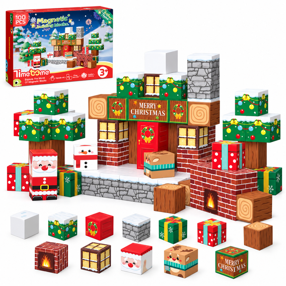 100PCS Christmas Magnetic Building Blocks for Kids Ages 3+, STEM Construction Cubes with Holiday Designs, Storage Bag & Instruction Guide, TIMETOME