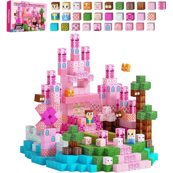 Magnetic Blocks, 100PCS Magnetic Building Blocks to Build a 3D World, STEM Sensory Construction Stacking Magnet Blocks Toy for Kids Ages 3+, Boys and Girls Birthday Gifts (Pink)