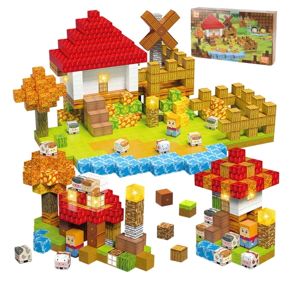 Magnetic Blocks 100PCS Magnetic Building Cubes, DIY Farm Building Magnet Toys Toddler, STEM Montessori Sensory Toys, Learning Educational Magnetic Building Blocks for Kids Ages 4-8