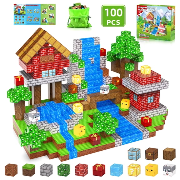 WLBES Magnetic Blocks Cube Game - 100PCS Kids Forest Magnetic Building Blocks STEM Montessori Stacking Toy, Gift for Boys and Girls Ages 3+