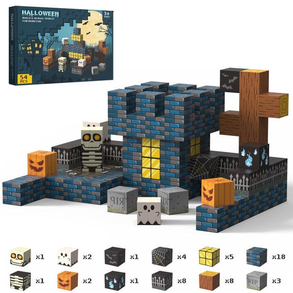 AUTOVISUM Magnetic Blocks, Halloween Themed Magnetic Building Blocks, 54 PCS Spooky Town Skeleton Toy Set, STEM Learning, for Kids Ages 3+