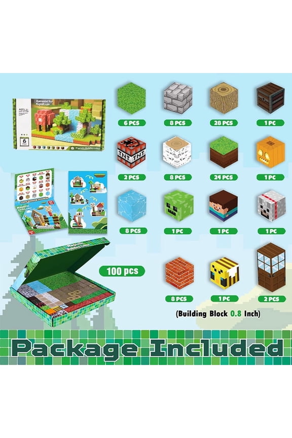 Magnetic Blocks - Minecraft Building Blocks - Building play for children ages 4-10 - Construction building set, birthday gift, Christmas gift, gift for children ages 4 and up
