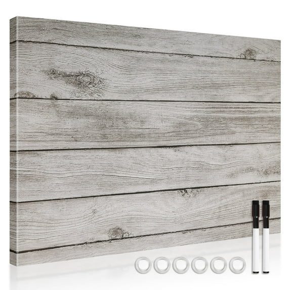 Magnetic Boards for Wall 18"x24" Wooden Planks Print Decorative White Board Magnetic Dry Erase Board Message Center Photo Board Bulletin Board with Magnets&Markers, Grey Wooden Planks