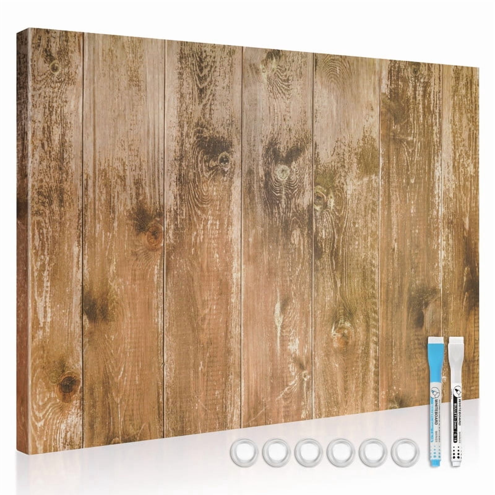 Magnetic Boards for Wall Dry Erase Board 18 x 24 inches Decorative White Board for Wall with Design, Home Office Wall Decor, Includes Markers and Magnets Brown Wooden Planks